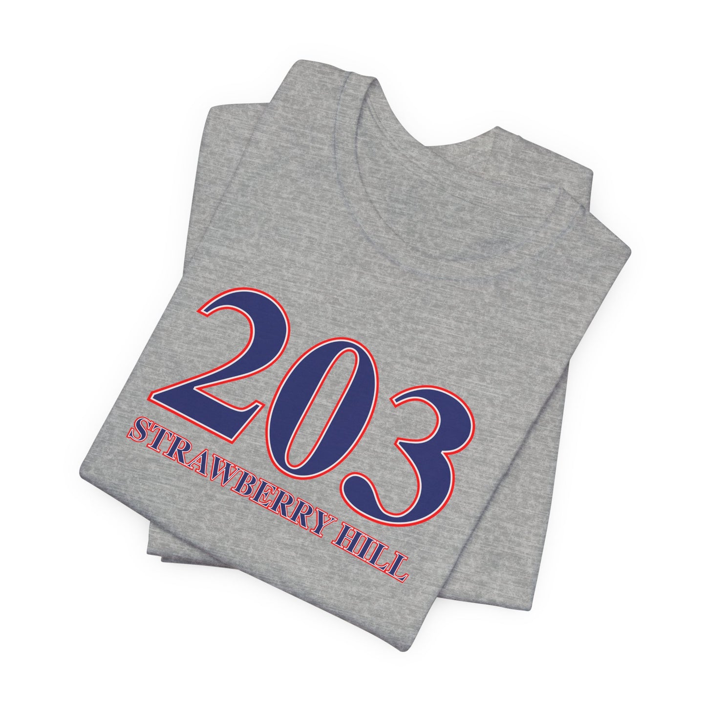203 Strawberry Hill Red, White & Blue Unisex Jersey Short Sleeve T-Shirt