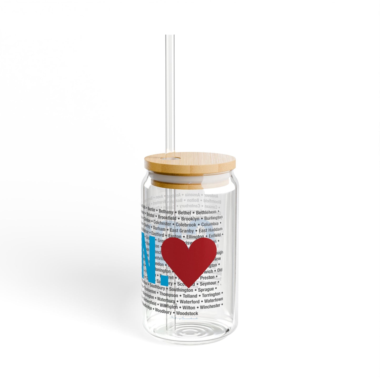 Connecticut Love Glass Can with Straw and Lid, 16oz