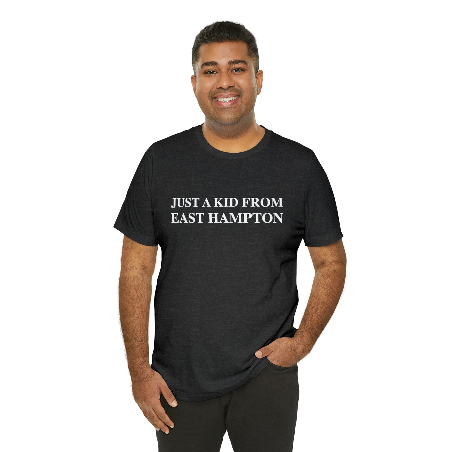 Just a kid from East Hampton Unisex Jersey Short Sleeve Tee (white)