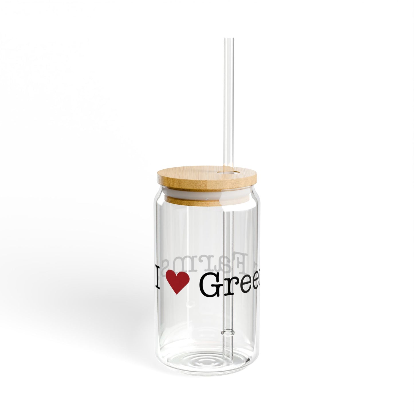 I Heart Greens Farms. Glass Can with Straw and Lid, 16oz