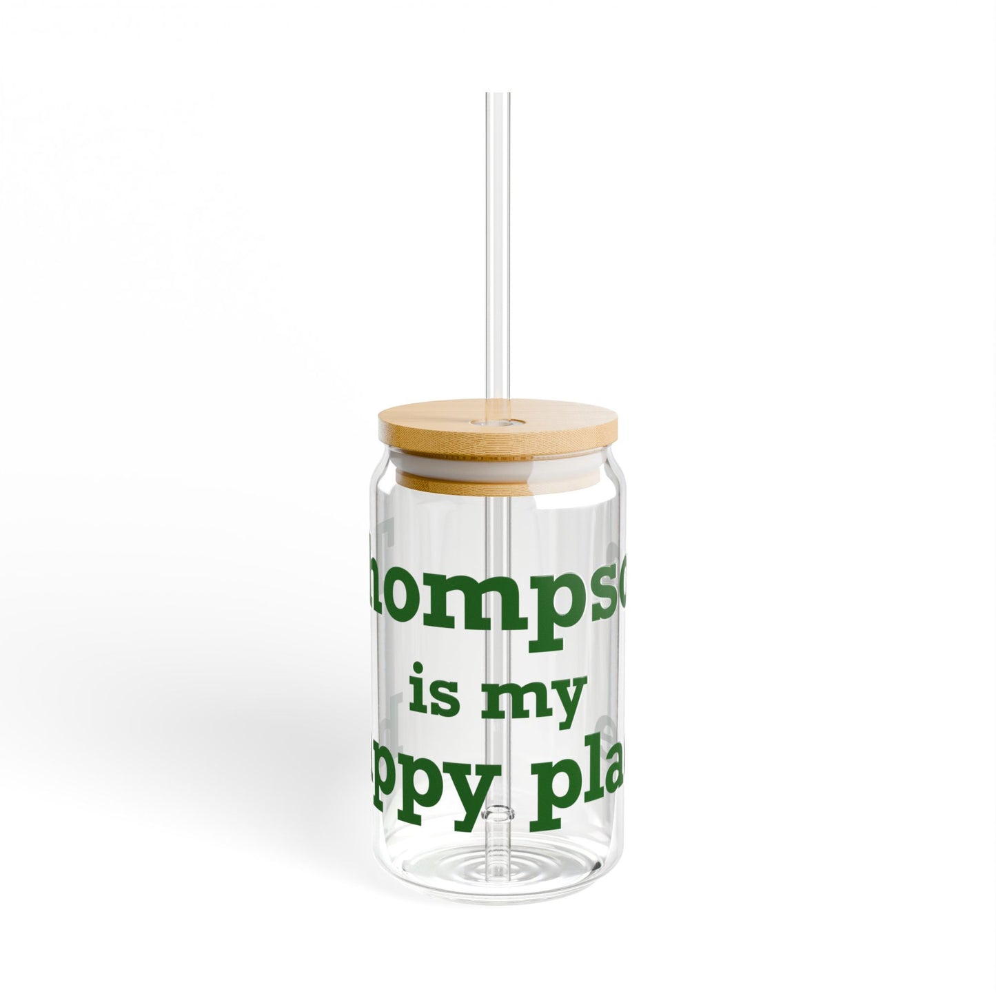 Thompson Is My Happy Place Glass Can with Straw and Lid, 16oz