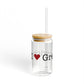 I Heart Greenwich. Glass Can with Straw and Lid, 16oz