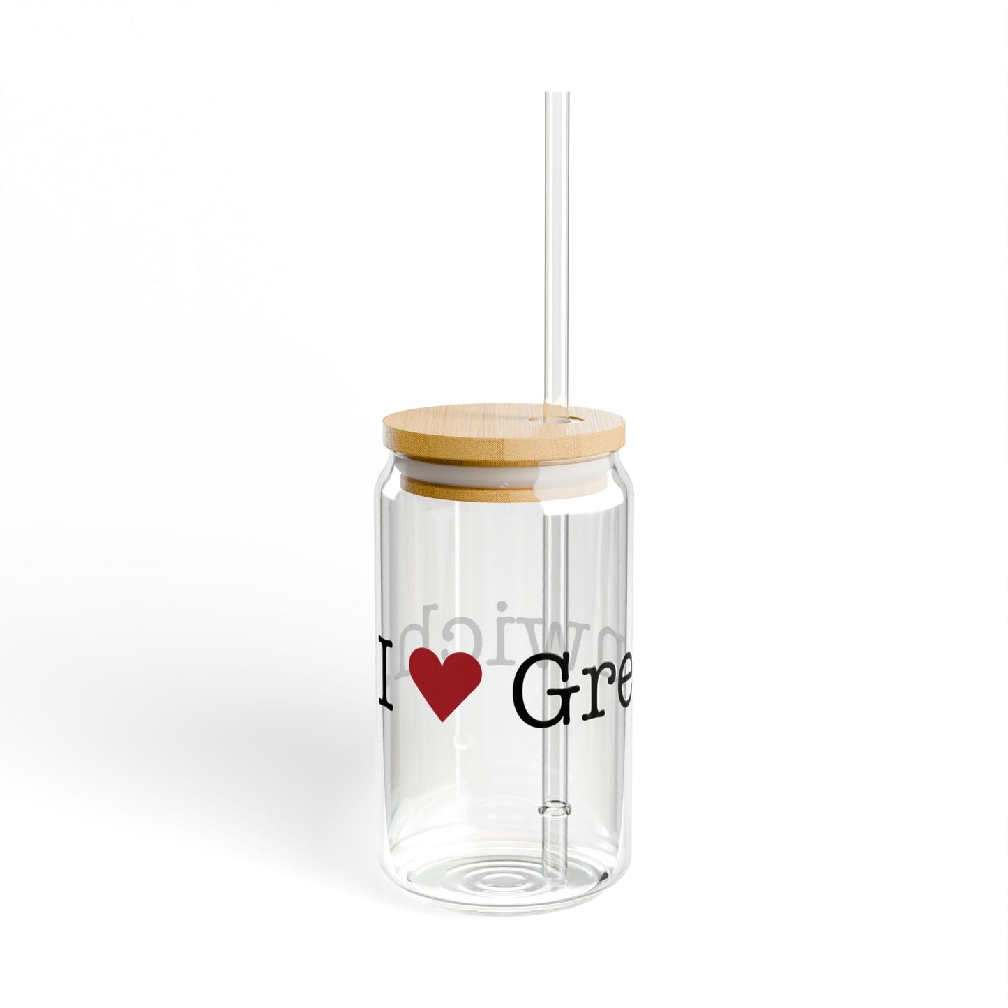 I Heart Greenwich. Glass Can with Straw and Lid, 16oz