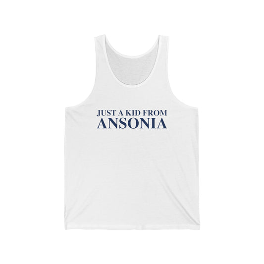 Just a kid from Ansonia Unisex Jersey Tank Top