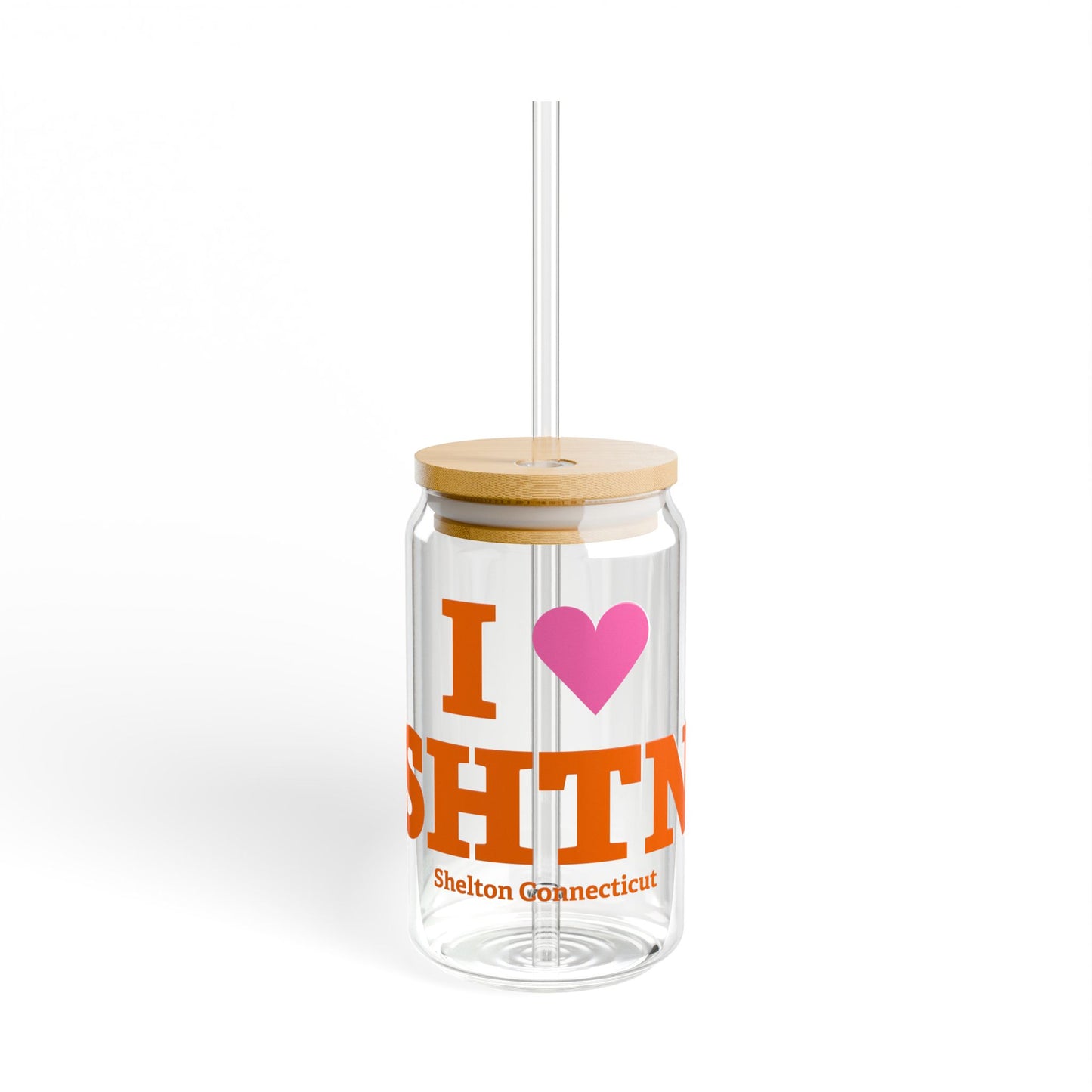 I Heart SHTN Glass Can with Straw and Lid, 16oz