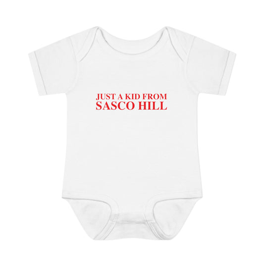 Just a kid from Sasco Hill Infant Baby Rib Bodysuit