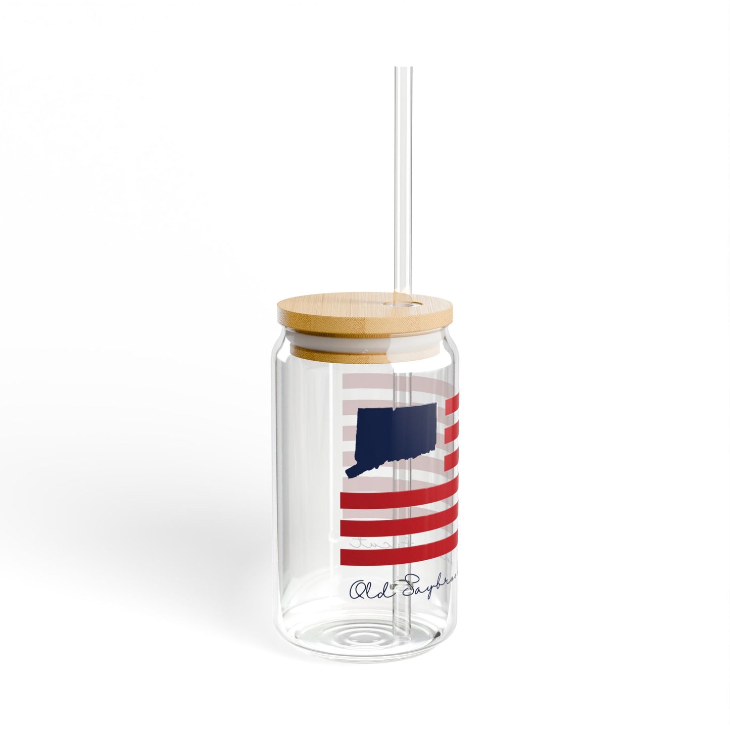 Old Saybrook Connecticut Flag Glass Can with Straw and Lid, 16oz