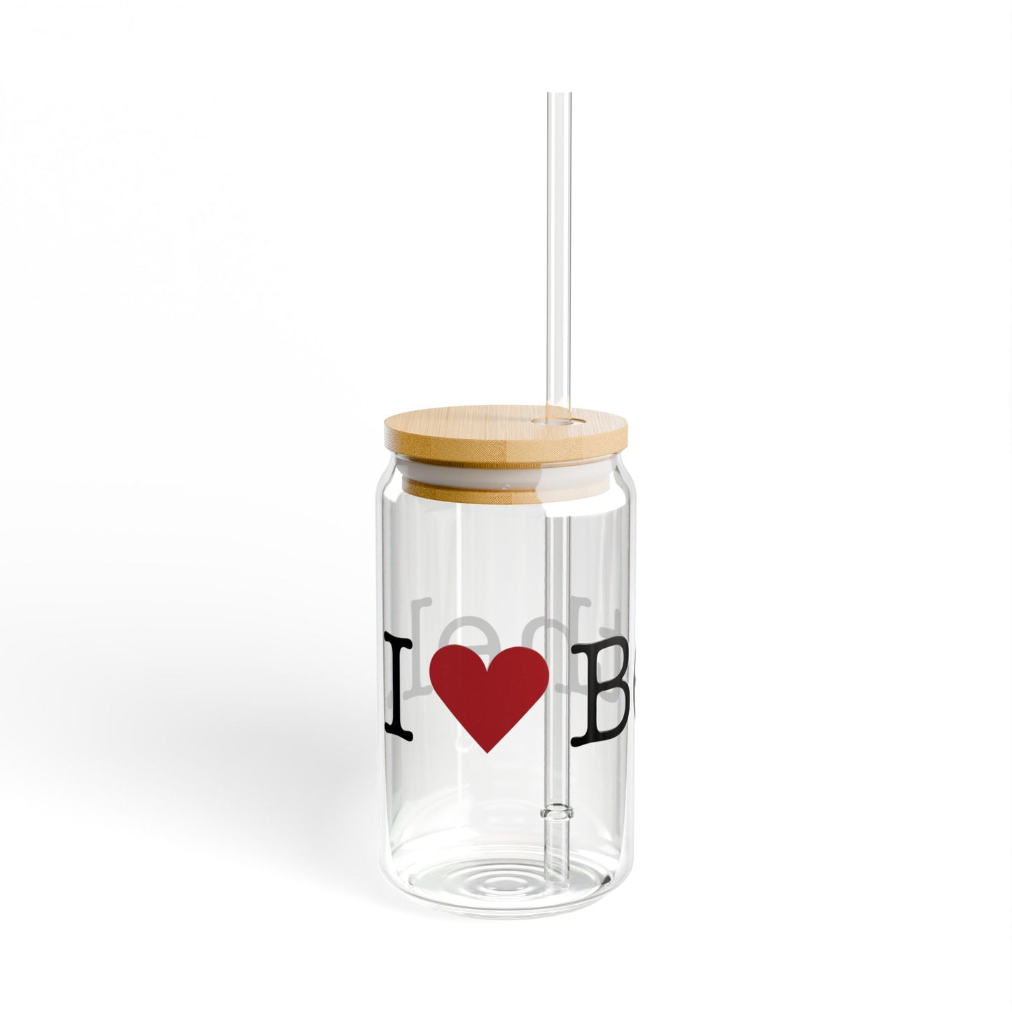 I Heart Bethel. Glass Can with Straw and Lid, 16oz