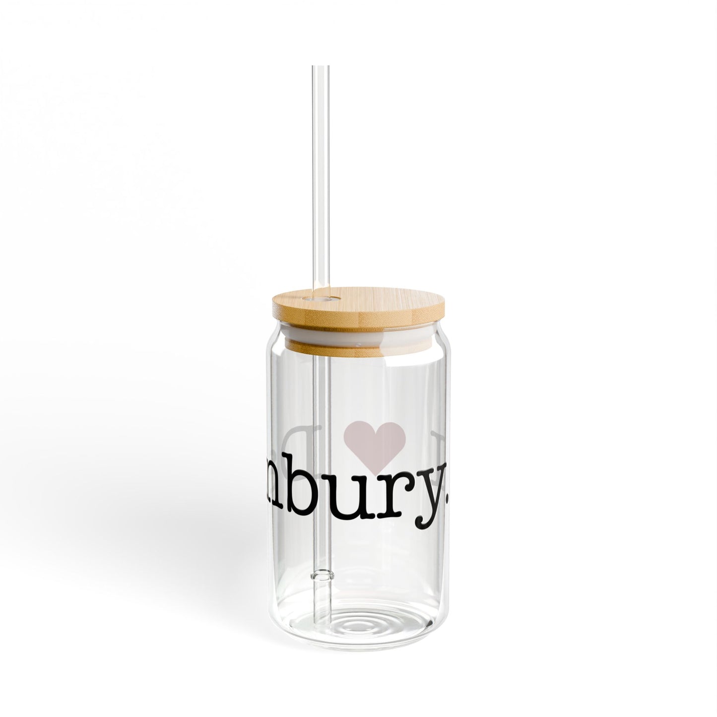 I Heart Danbury. Glass Can with Straw and Lid, 16oz
