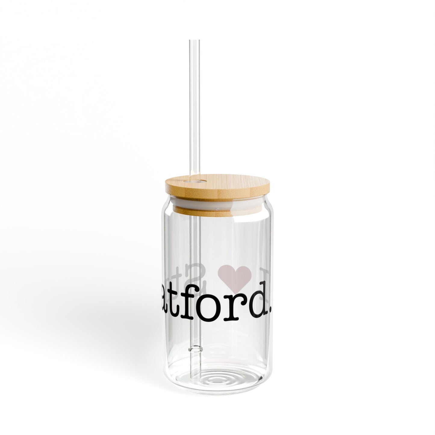 I Heart Stratford. Glass Can with Straw and Lid, 16oz