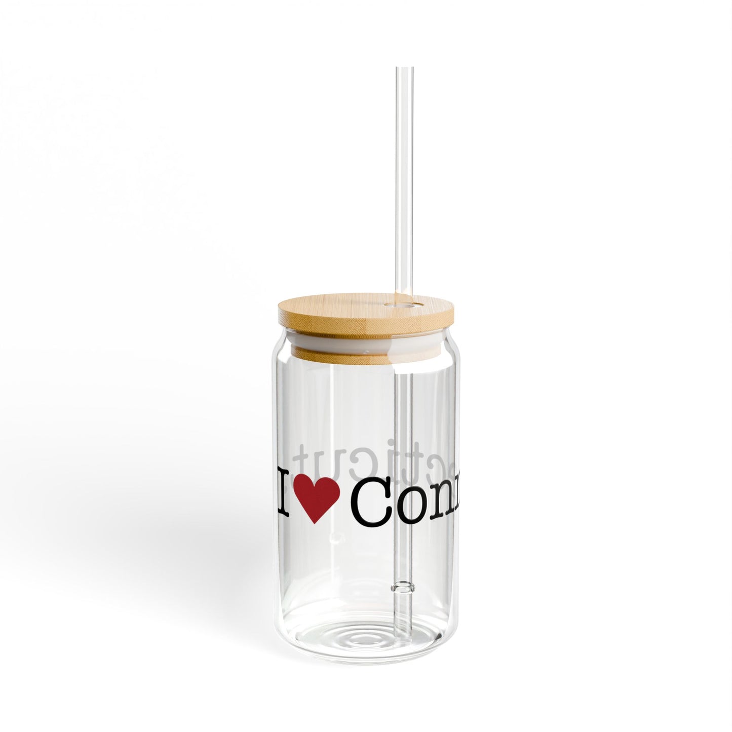 I Heart Connecticut. Glass Can with Straw and Lid, 16oz