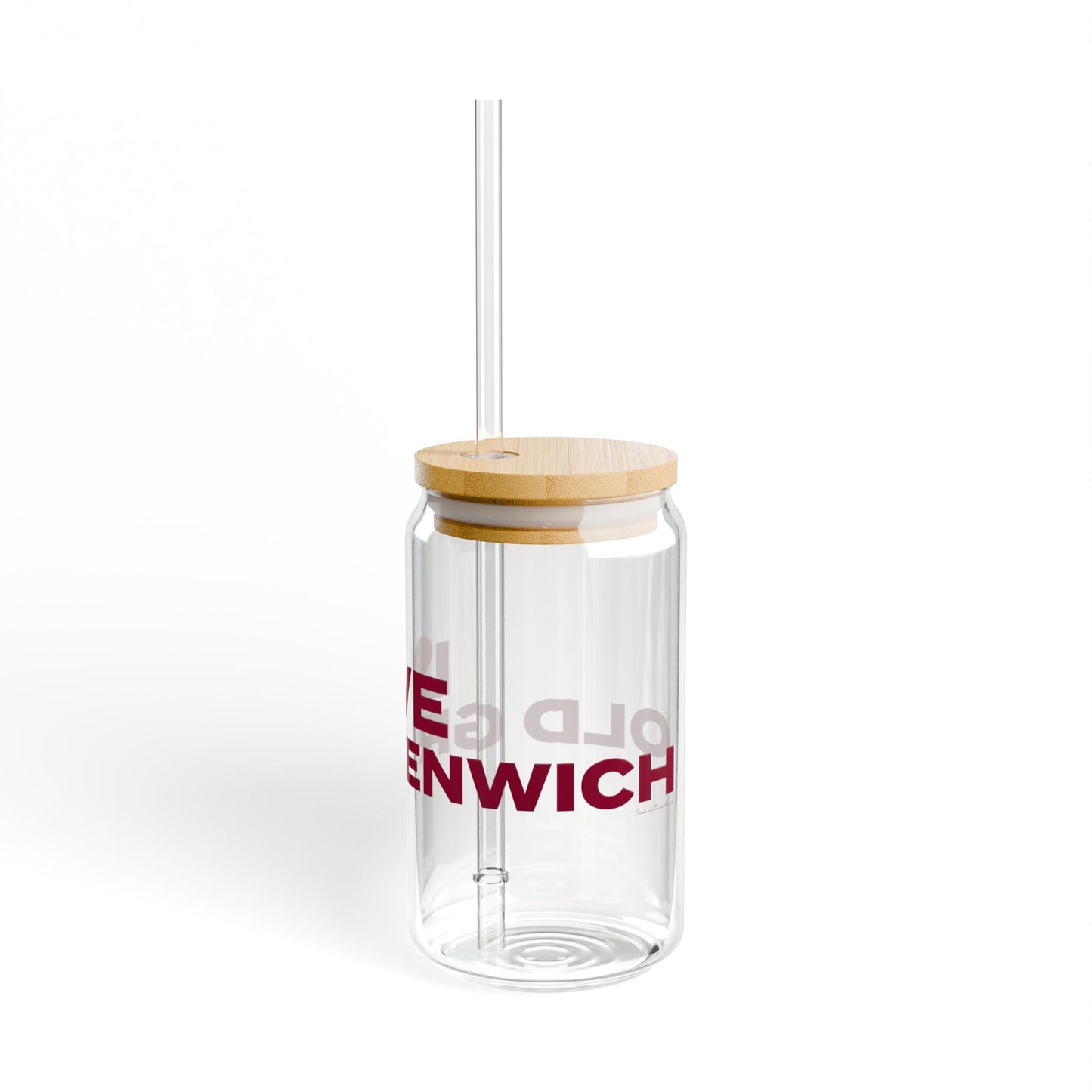 Love Old Greenwich Glass Can with Straw and Lid, 16oz