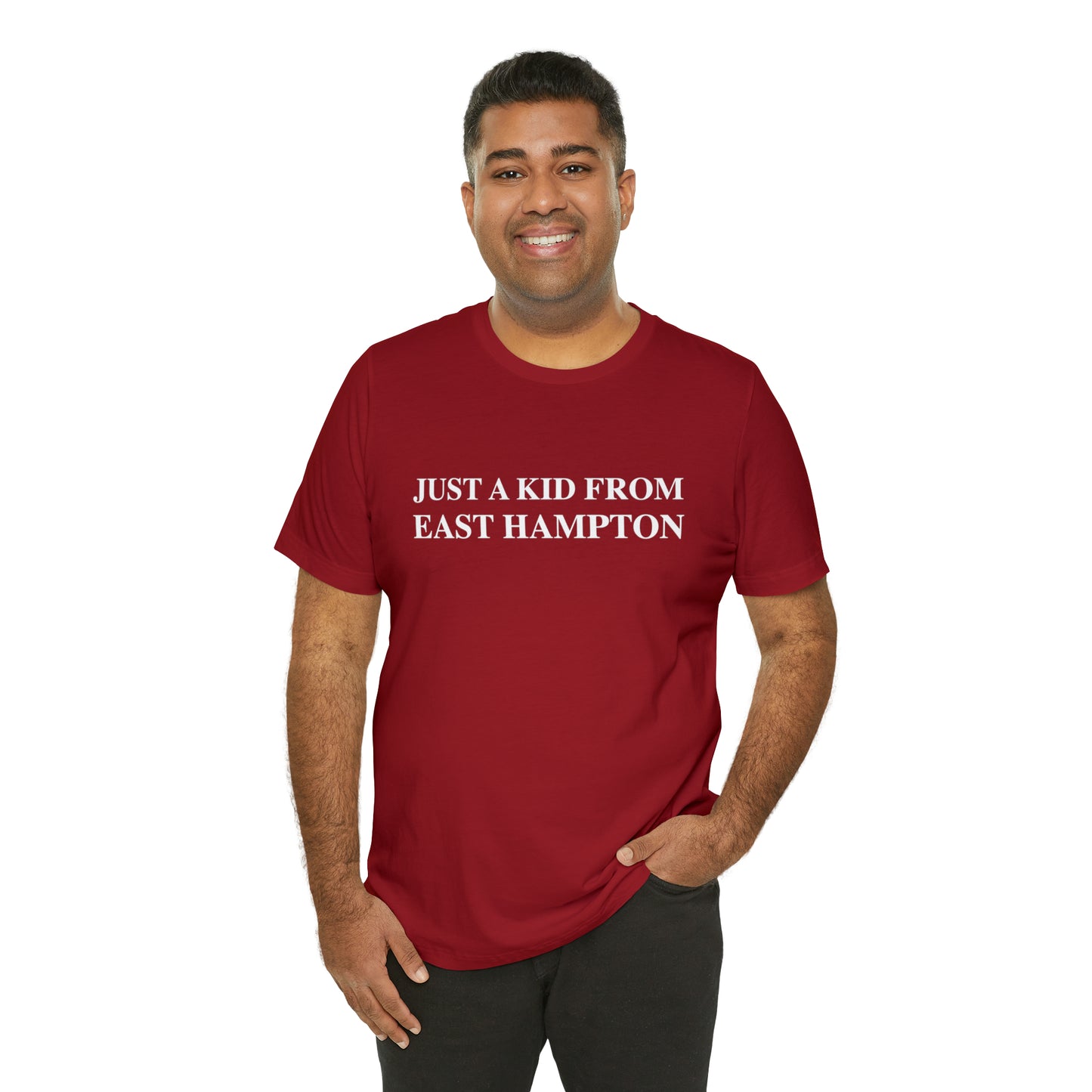 Just a kid from East Hampton Unisex Jersey Short Sleeve Tee (white)