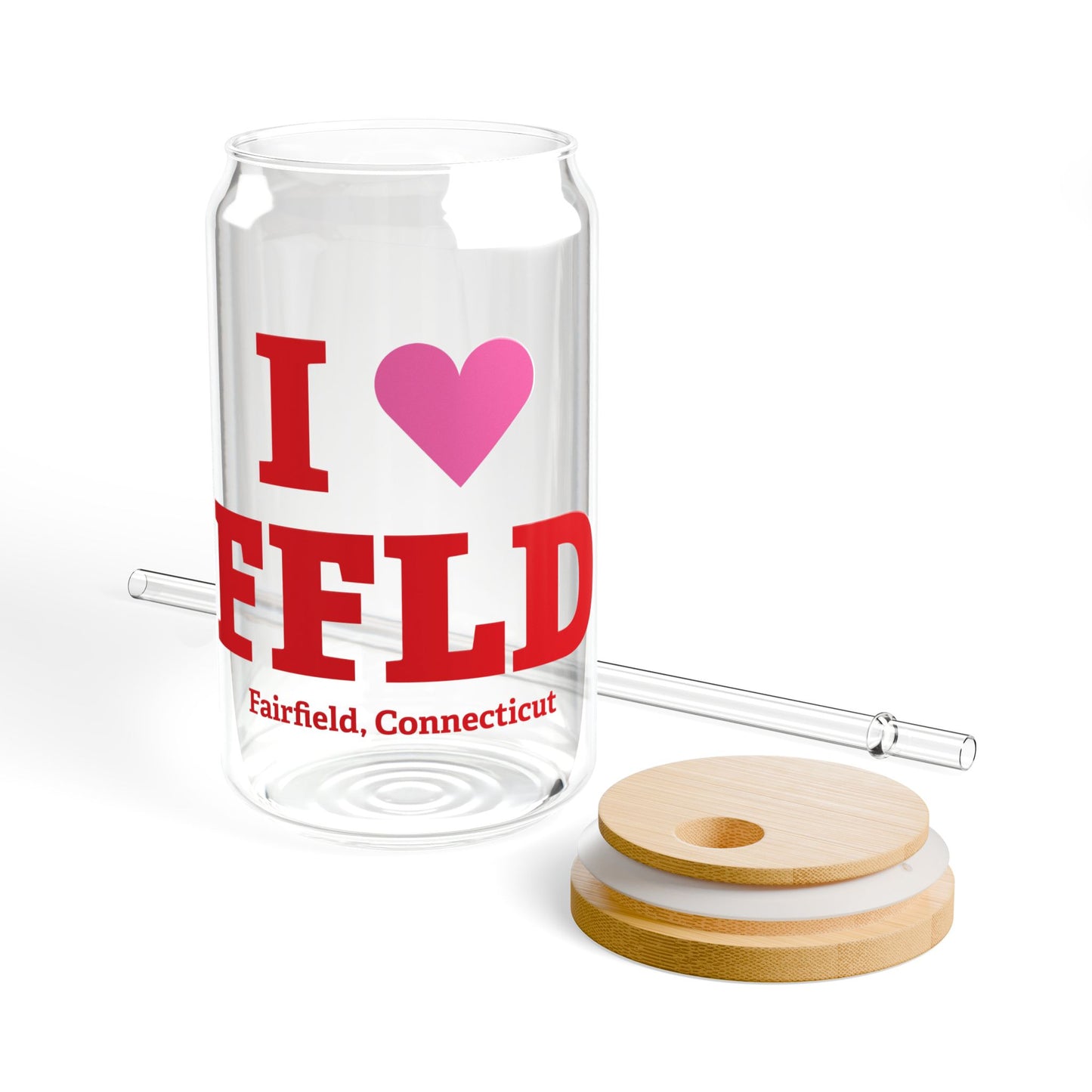 I Heart FFLD Glass Can with Straw and Lid, 16oz