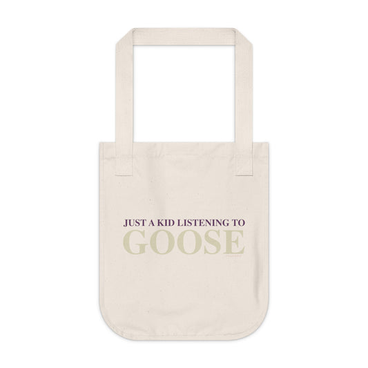 Just a kid listening to Goose - Cream & Purple Organic Canvas Tote Bag