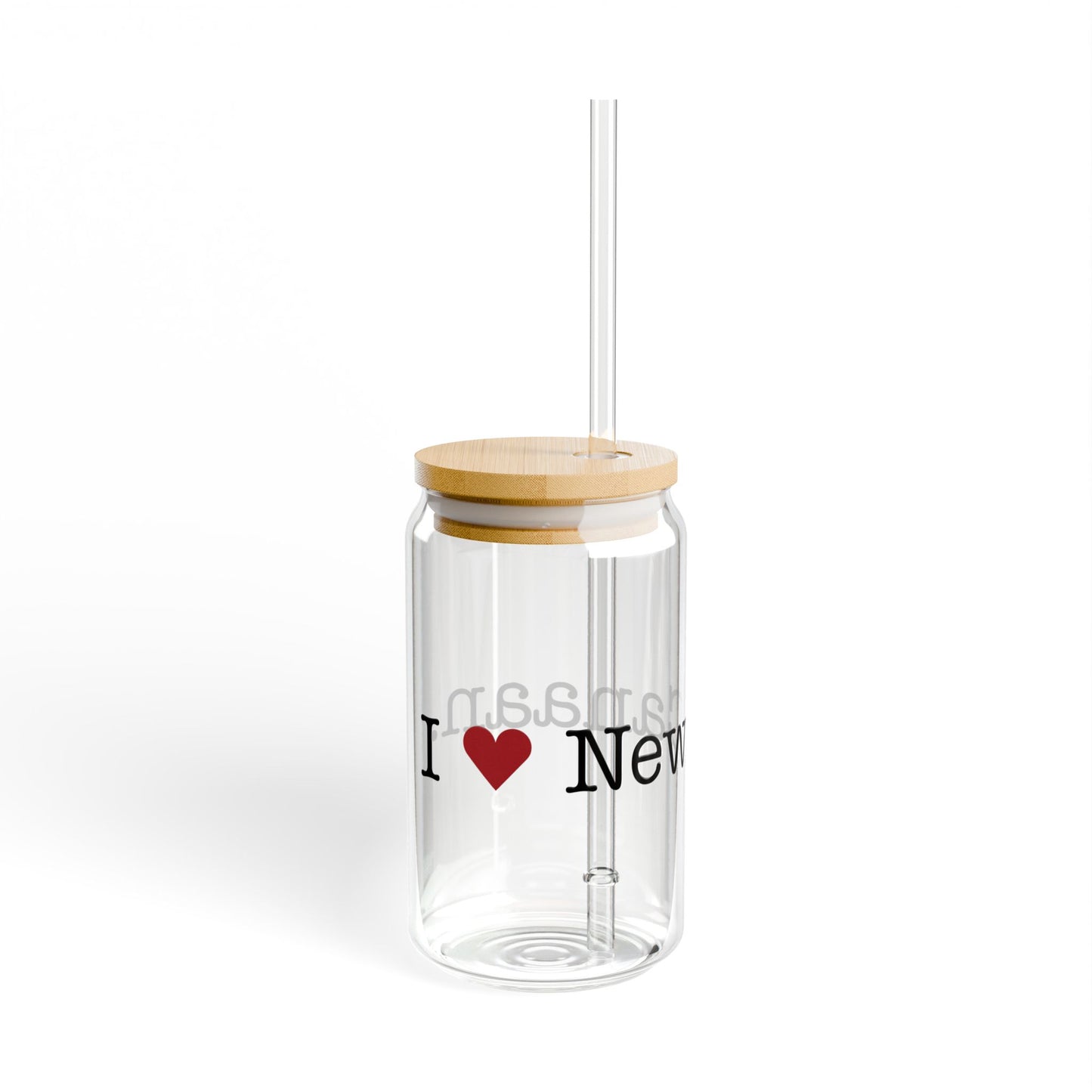 I Heart New Canaan. Glass Can with Straw and Lid, 16oz
