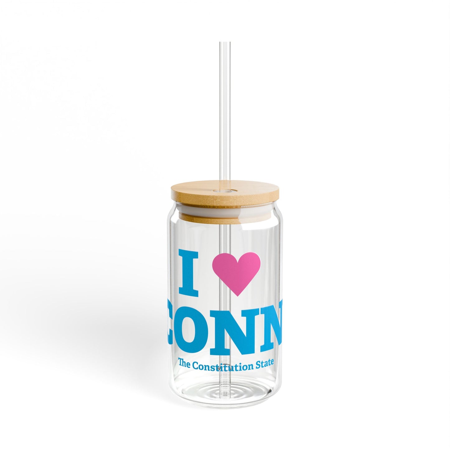 I Heart CONN. Glass Can with Straw and Lid, 16oz