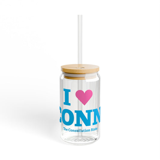 I Heart CONN. Glass Can with Straw and Lid, 16oz
