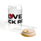 Love Black Rock Glass Can with Straw and Lid, 16oz
