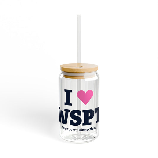 I Heart WSPT Glass Can with Straw and Lid, 16oz