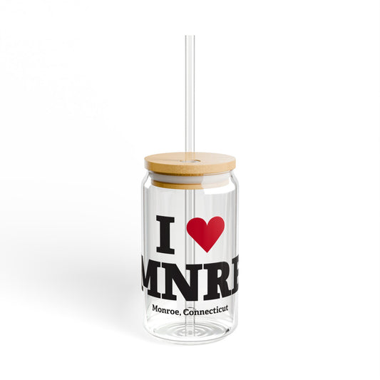 I Heart MNRE Glass Can with Straw and Lid, 16oz