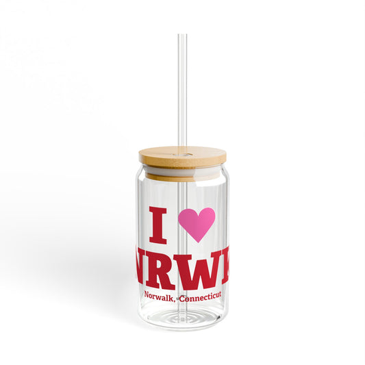I Heart NRWK Glass Can with Straw and Lid, 16oz