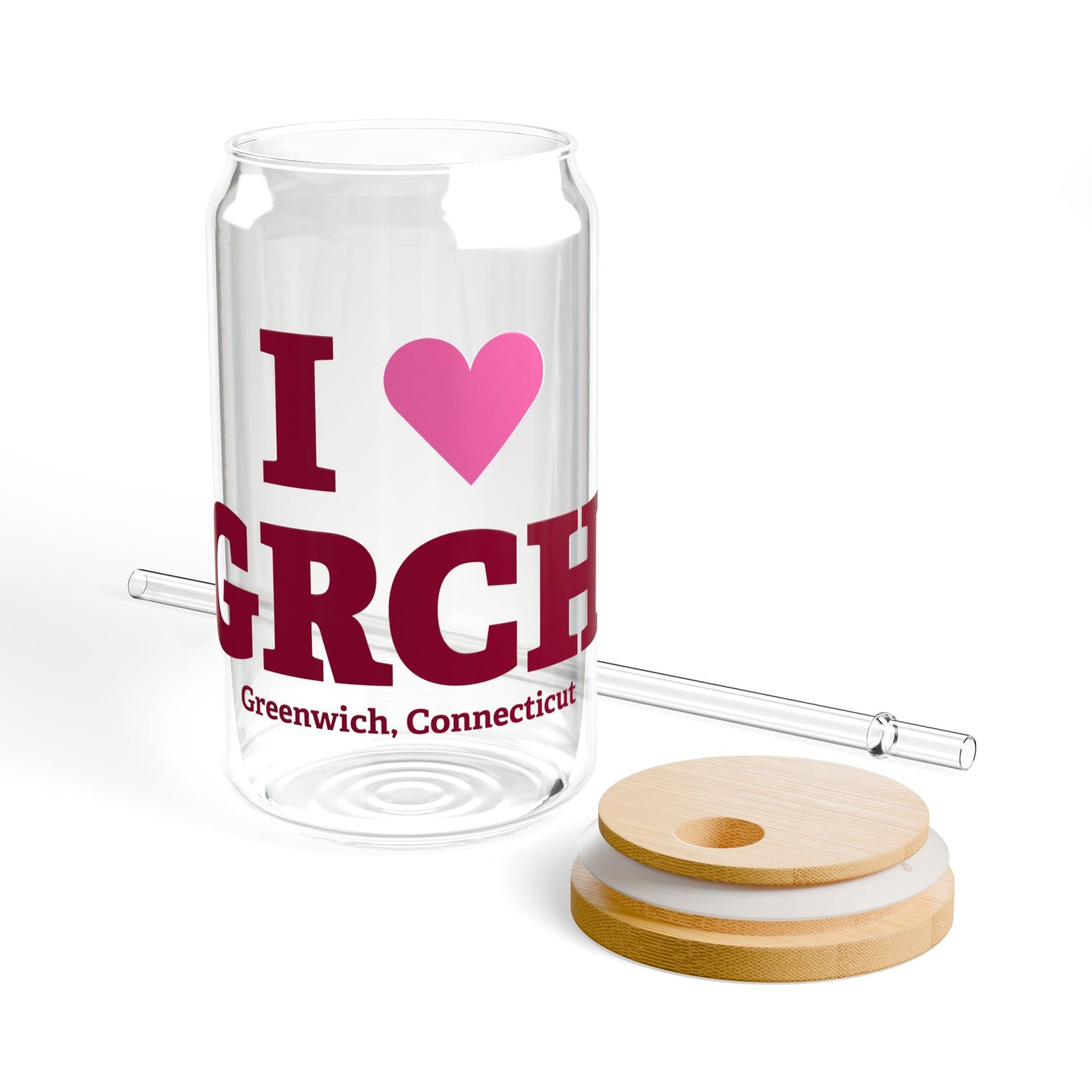 I Heart GRCH Glass Can with Straw and Lid, 16oz