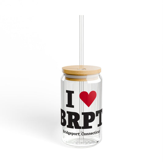 I Heart BRPT Glass Can with Straw and Lid, 16oz