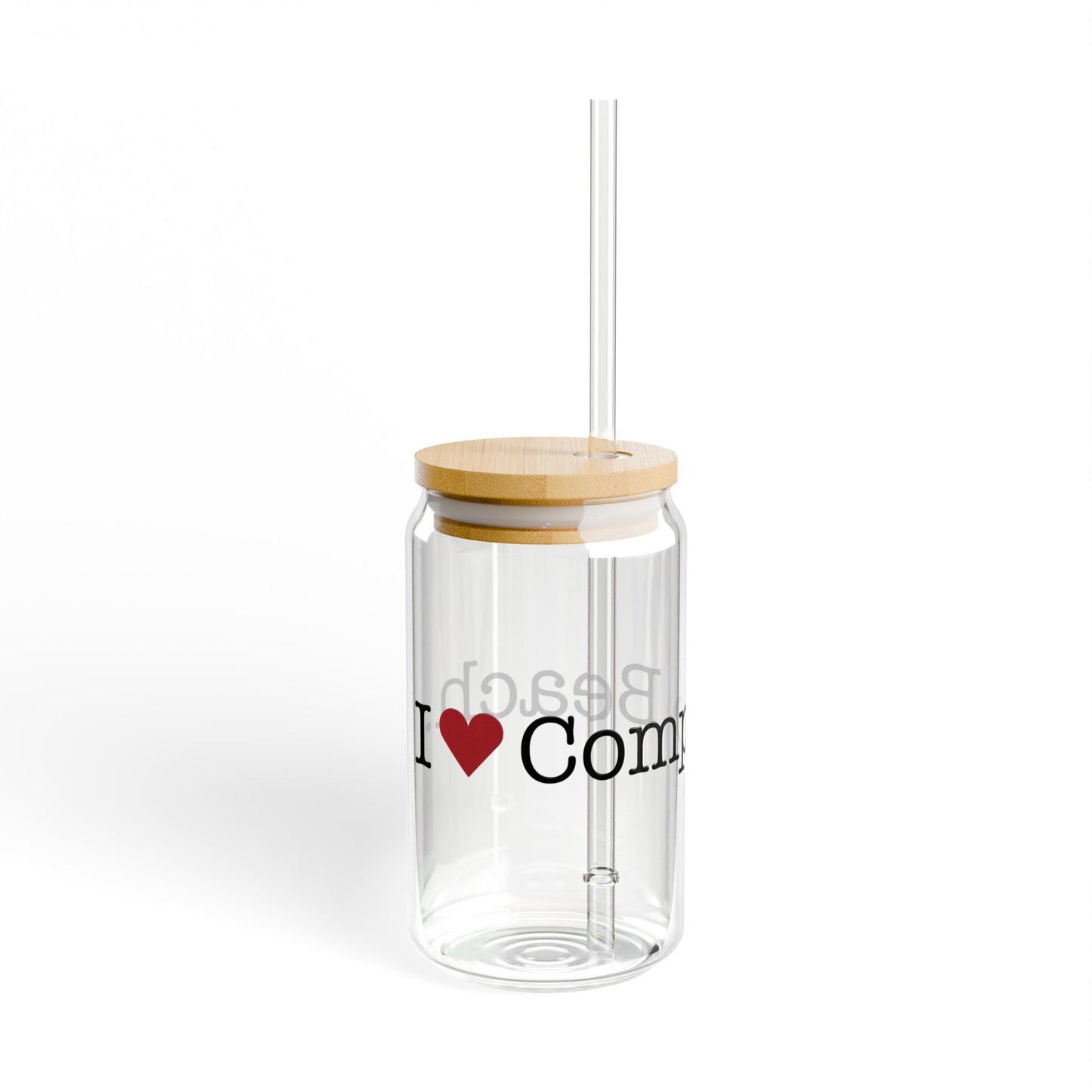 I Heart Compo Beach. Glass Can with Straw and Lid, 16oz