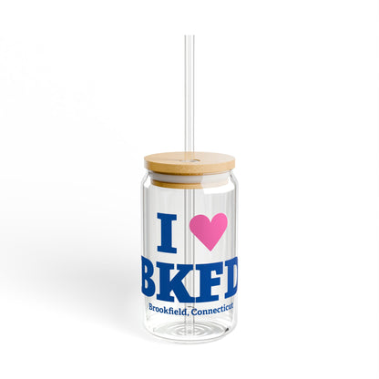I Heart BKFD Glass Can with Straw and Lid, 16oz