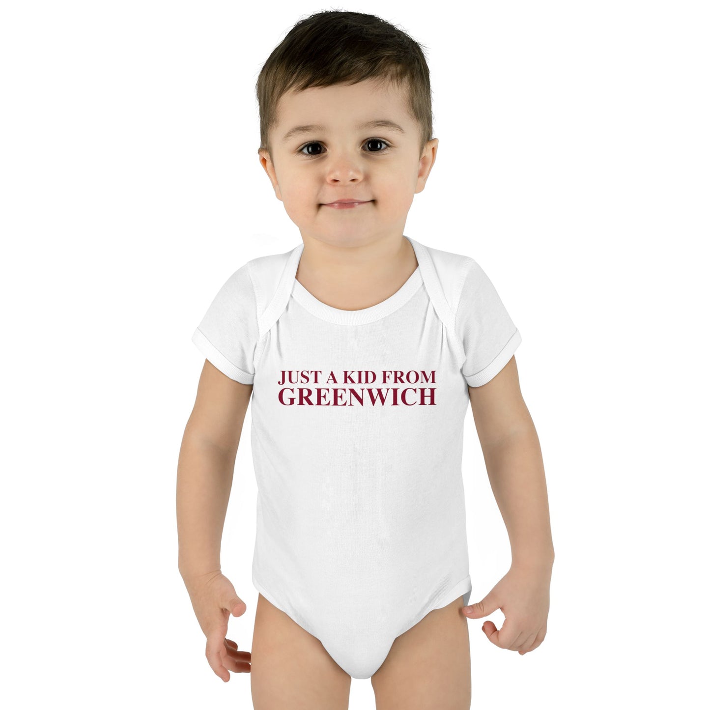Just a kid from Greenwich Infant Baby Rib Bodysuit