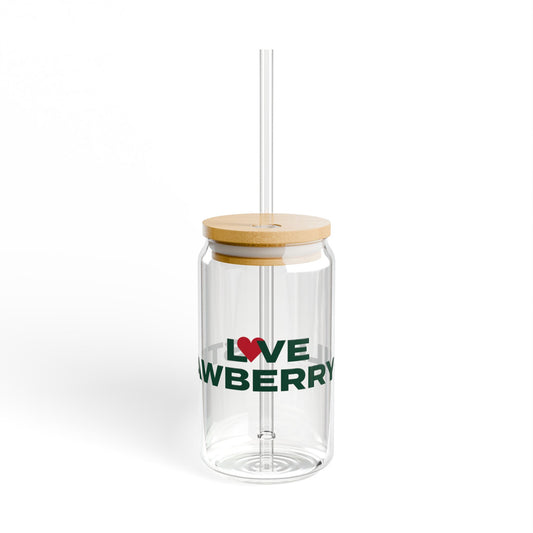 Love Strawberry Hill Glass Can with Straw and Lid, 16oz