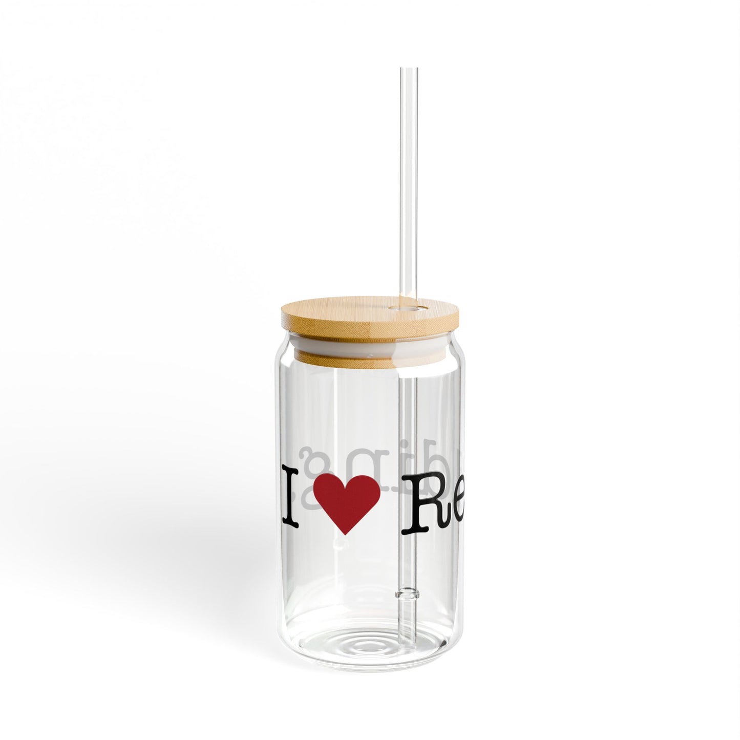 I Heart Redding. Glass Can with Straw and Lid, 16oz