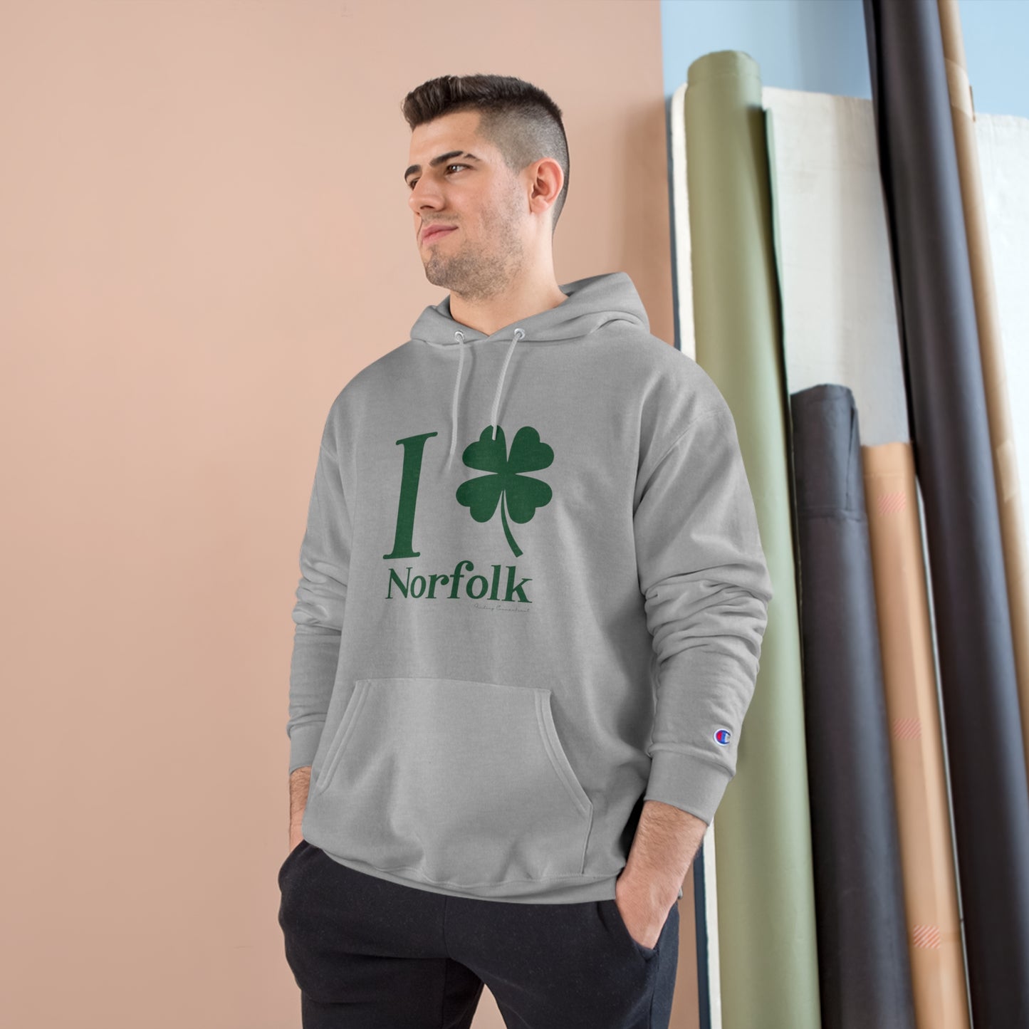 I clover norfolk // norfolk ct st. patrick's day unisex champions hoodies // finding connecticut