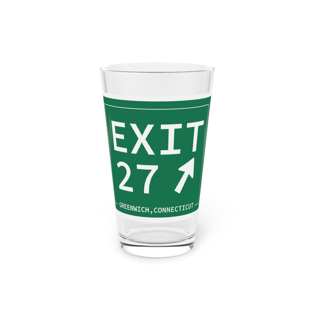 Merritt Parkway Exit 27 pint glass drinkware - Greenwich Connecticut gifts and merch by Finding Connecticut 