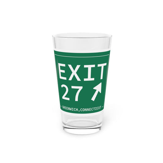 Merritt Parkway Exit 27 pint glass drinkware - Greenwich Connecticut gifts and merch by Finding Connecticut 