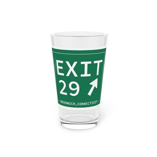 Merritt Parkway Exit 29 pint glass -Greenwich Connecticut gifts and merch by Finding Connecticut 