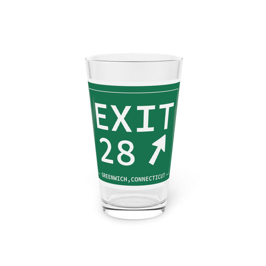 Merritt Parkway exit 28 pint glass drinkware - greenwich Connecticut gifts and merch by Finding Connecticut 