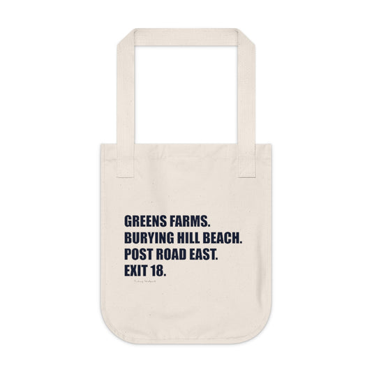  Greens Farms. Burying Hill Beach. Post Road East. Exit 18. Canvas Tote Bag  How do you say Westport without saying Westport? Westport, Connecticut is filled with unique aspects. Each providing different elements that make up the town from historic to modern traditions.   Proceeds of this collection goes to help build Finding Westport and Finding Connecticut's  brands. 