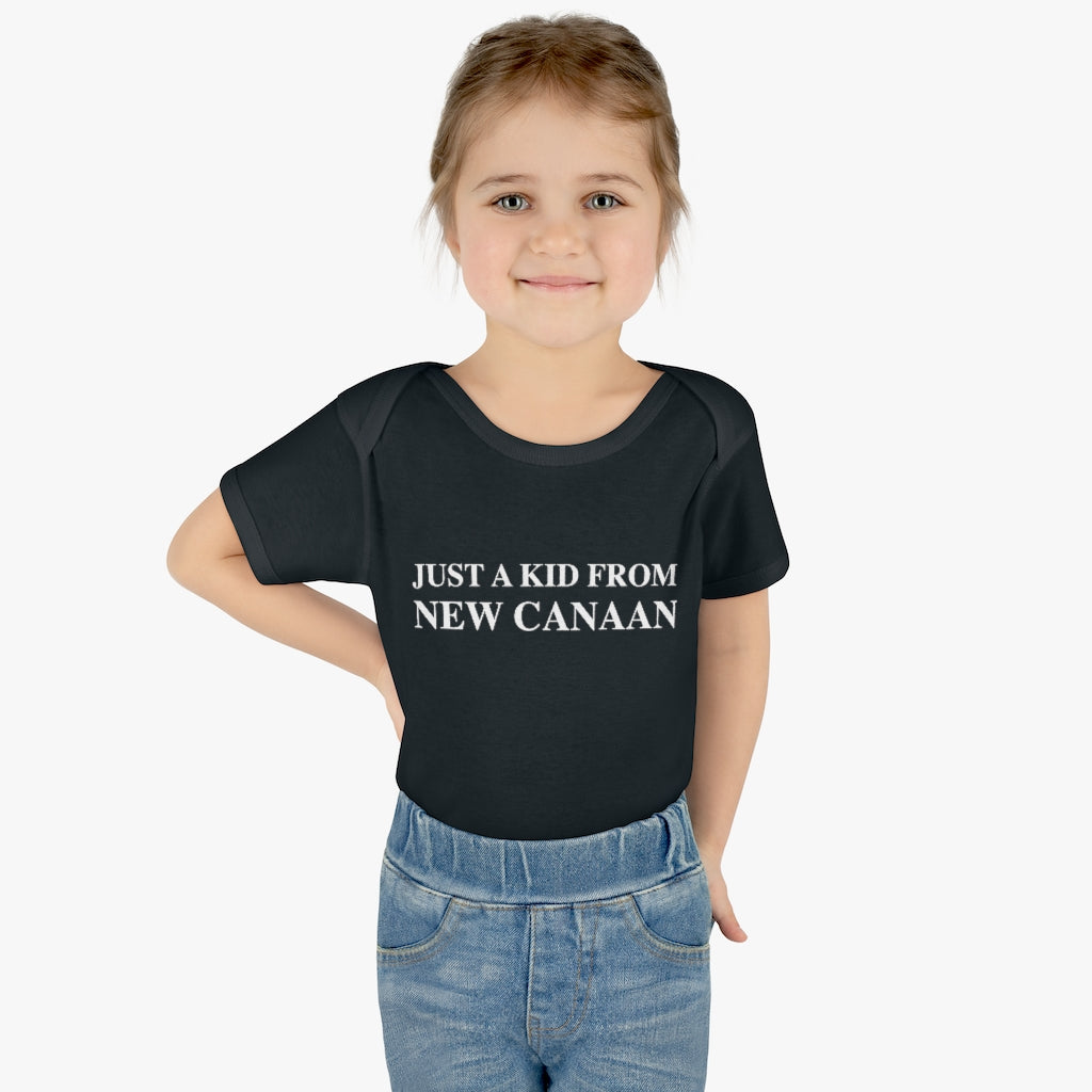  Just a kid from New Canaan Infant Baby Rib Bodysuit  Are you proud to be from New Canaan?  Show the world where you're from New Canaan! Represent New Canaan with this collection!   Proceeds from this collection help grow Finding New Canaan and Finding Connecticut websites and brands. 