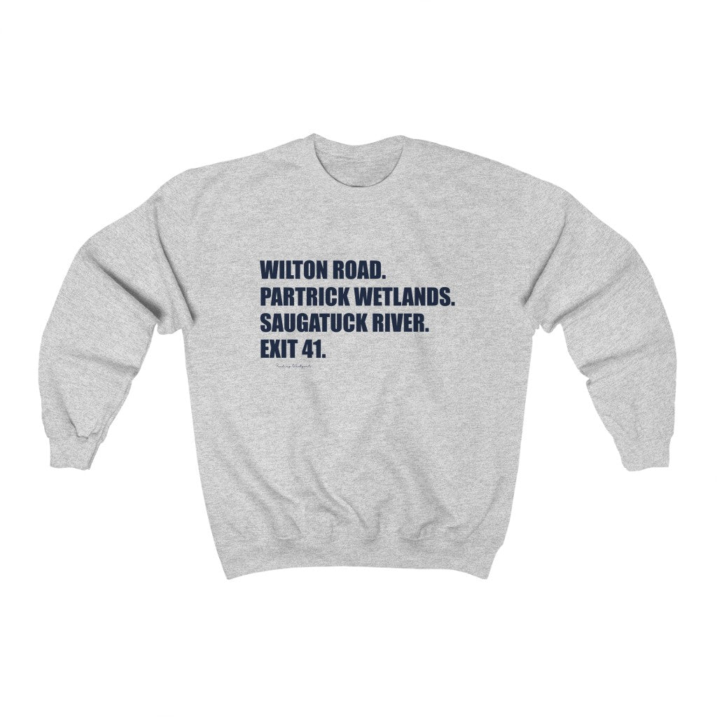 Wilton Road. Partrick Wetlands. Saugatuck River. Exit 41. Unisex Heavy Blend Crewneck Sweatshirt How do you say Westport without saying Westport? Westport, Connecticut is filled with unique aspects. Each providing different elements that make up the town from historic to modern traditions.   Proceeds of this collection goes to help build Finding Westport and Finding Connecticut's  brands.