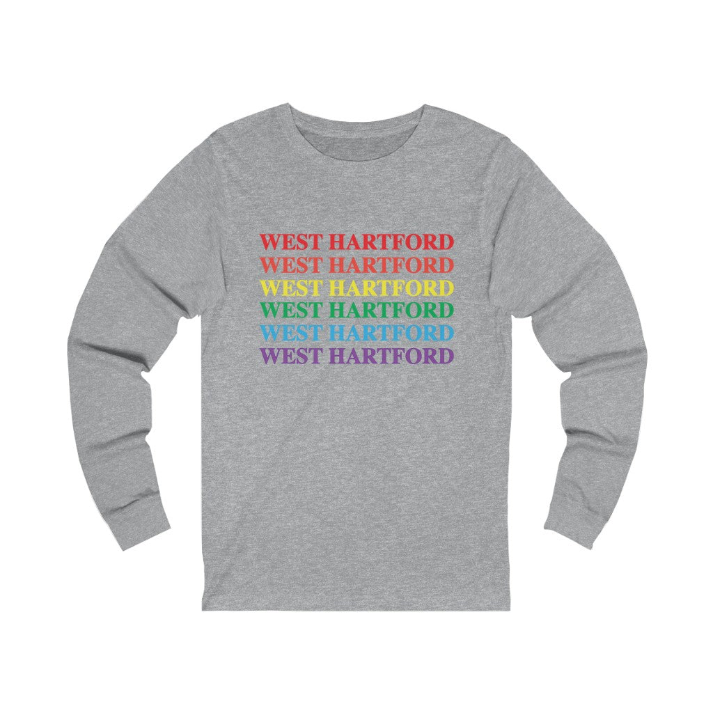 West Hartford Pride long sleeve tee.  West Hartford Connecticut tee shirts, hoodies sweatshirts, mugs, other apparel, home gifts, and souvenirs.  10% of the Proceeds of this collection will be donated to a Connecticut LGBTQ organization. Free USA shipping. 