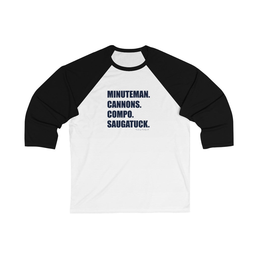 Minuteman. Cannons. Compo. Saugatuck. Unisex 3/4 Sleeve Baseball Tee  How do you say Westport without saying Westport? Westport, Connecticut is filled with unique aspects. Each providing different elements that make up the town from historic to modern traditions. Minuteman. Cannons. Compo. Saugatuck. You know its Westport.   Proceeds of this collection goes to help build Finding Westport and Finding Connecticut's  brands. 