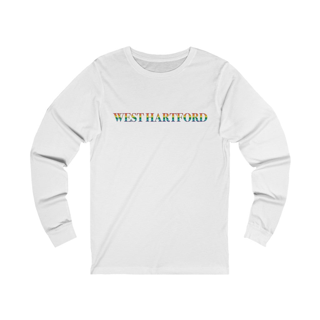 West Hartford Rainbow long sleeve tee.  West Hartford Connecticut tee shirts, hoodies sweatshirts, mugs, other apparel, home gifts, and souvenirs.  10% of the Proceeds of this collection will be donated to a Connecticut LGBTQ organization. Free USA shipping. 