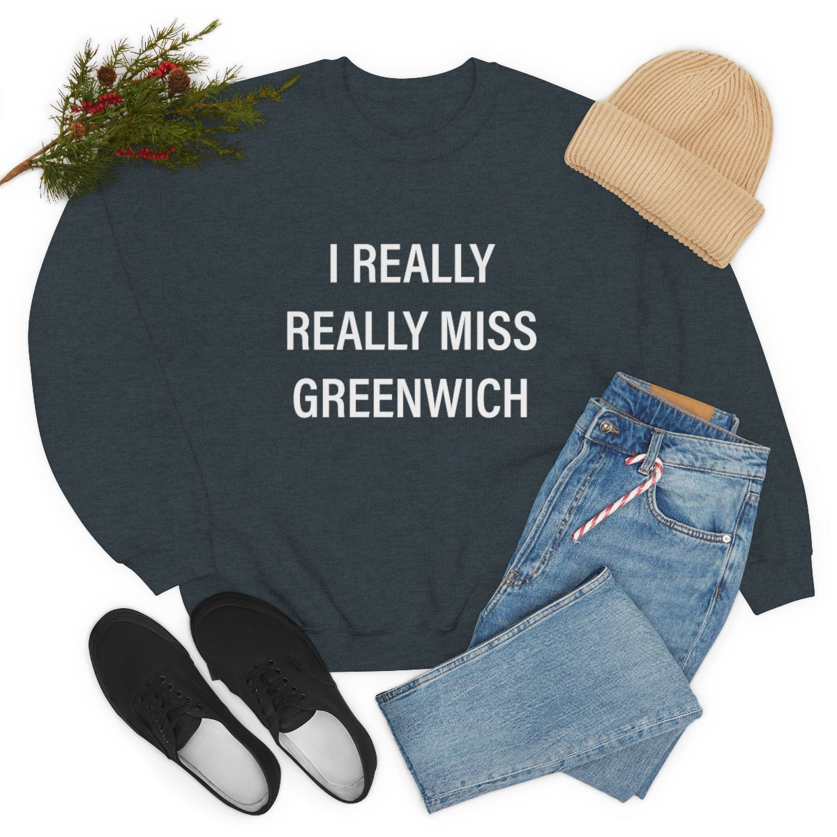 I Really Really Miss Greenwich Unisex Heavy Blend™ Crewneck Sweatshirt- White Print