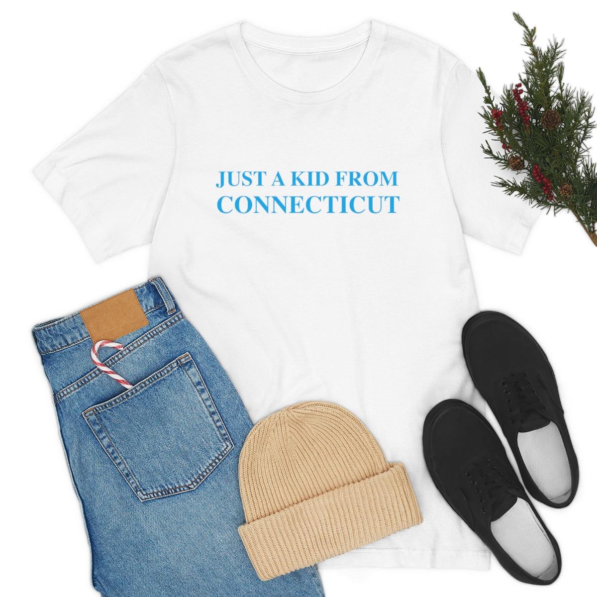 Just a kid from Connecticut Unisex Jersey Short Sleeve Tee - Blue Font