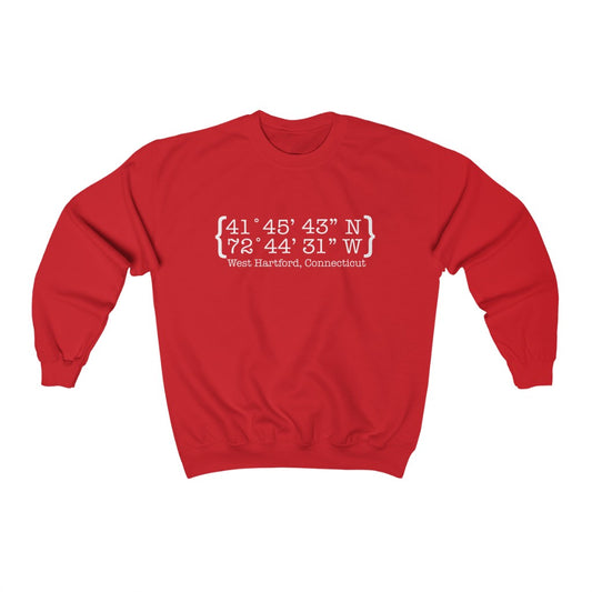 West Hartford Coordinates sweatshirt.  West Hartford Connecticut tee shirts, hoodies sweatshirts, mugs, other apparel, home gifts, and souvenirs. Proceeds of this collection go to help Finding Connecticut’s brand. Free USA shipping. 