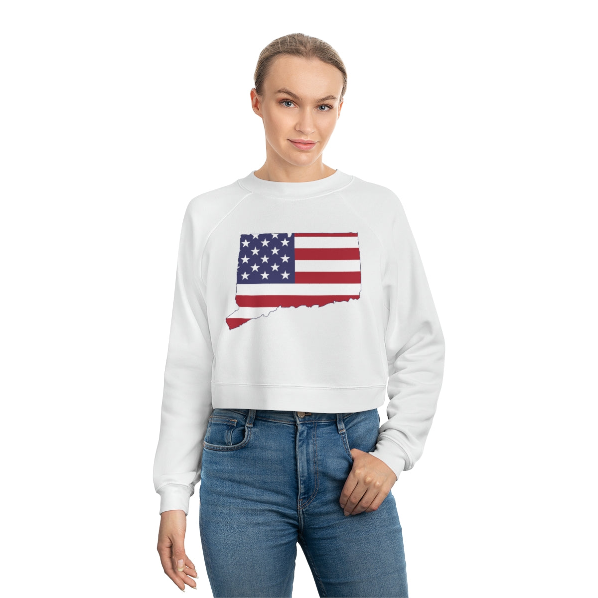 Connecticut American Flag Women's Cropped Fleece Pullover