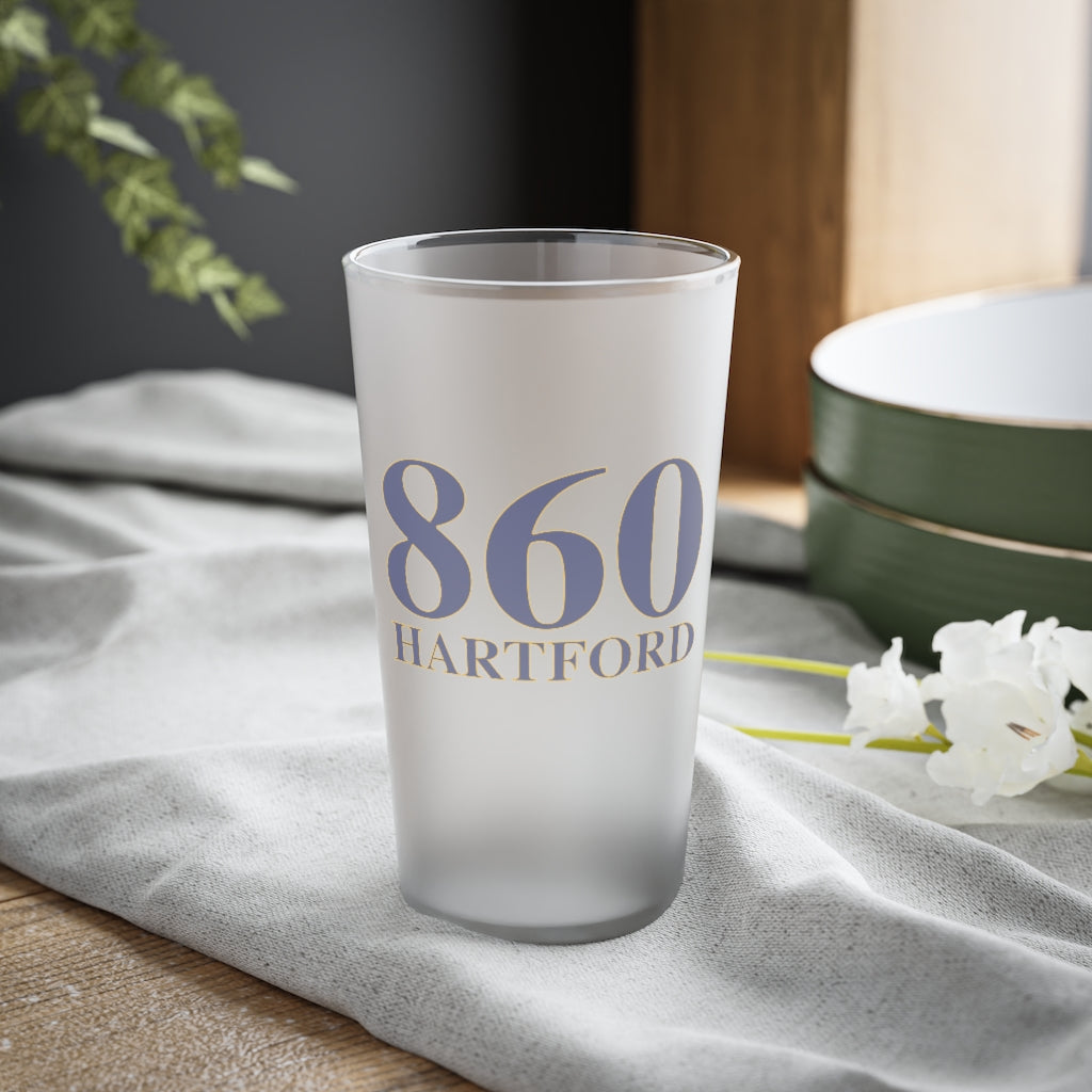 860 Hartford Frosted Pint Glass, 16oz.  860 Hartford Collection. Inspired by the Connecticut flag and the 860! Show off for your pride for Connecticut and Hartford!   Proceeds of this collection go to help build Finding Connecticut’s website and brand. • Free USA shipping   Click here to go to our home page