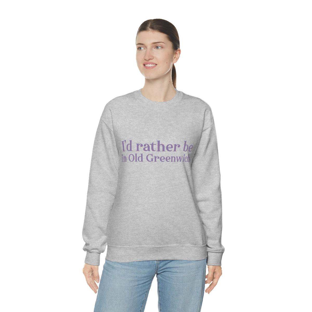 I'd rather be in Old Greenwich. Unisex Heavy Blend™ Crewneck Sweatshirt - Purple Print